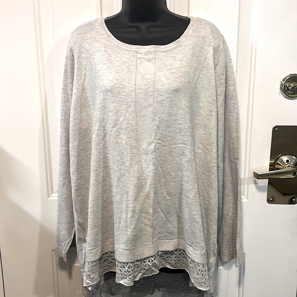 NWT CYRUS 🩶 PALE GRAY LIGHTWEIGHT PULLOVER SCOOP NECK LACE-TRIM SWEATER Women 3X